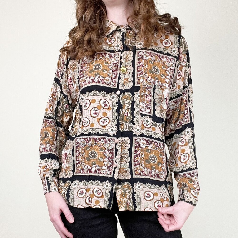 Vintage Floral Eccentric Print Button Down Shirt Eclectic Grandpa Grandma Blouse